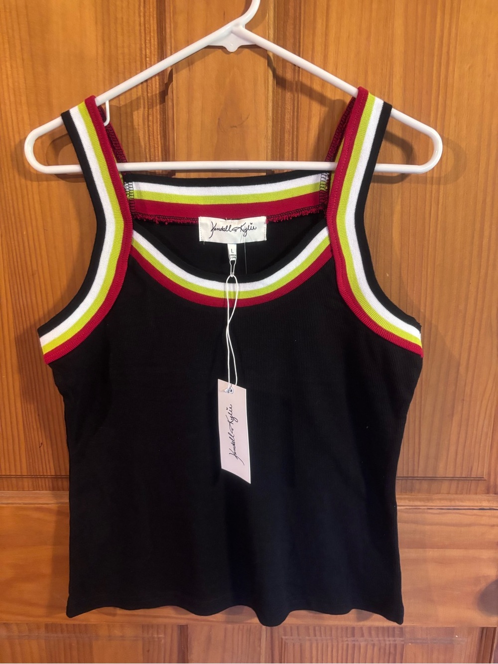 Kendall & Kylie Black Ribbed Tank with Red, White & Lime Trim